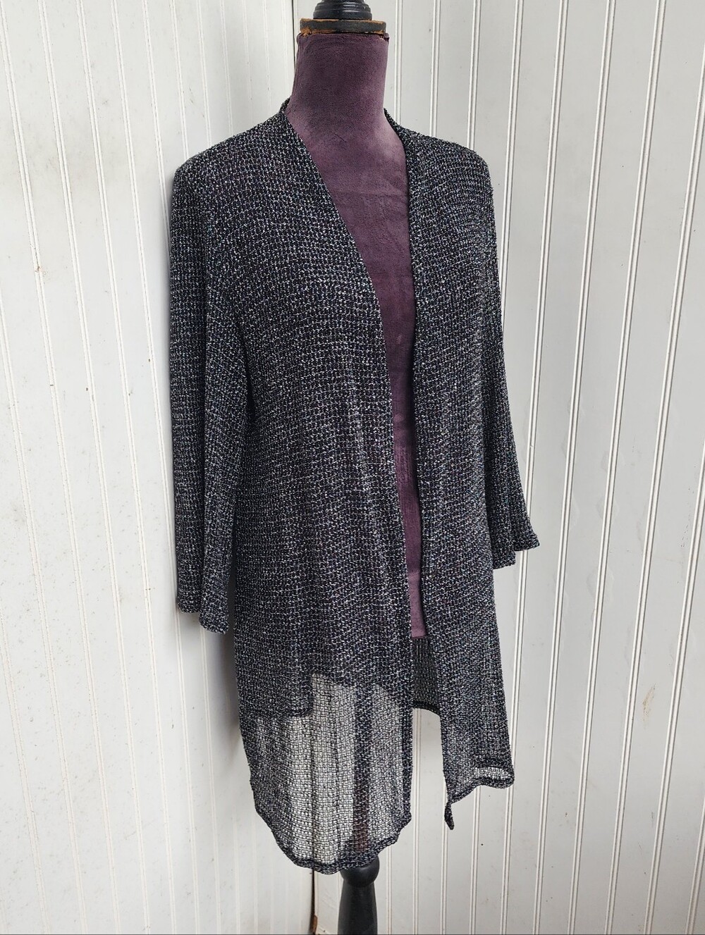 Chico's Knit Cardigan Black Knit Stretch Net Crochet 3/4 Sleeeve Women's 2 (L)
